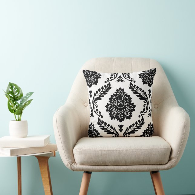 Coussin Rococo Damassé Grand Motif Noir sur Blanc (Chaise)