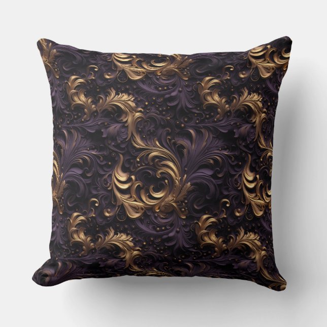 Coussin Rococo Realms : Golden Dark Purple Floral perles (Recto)