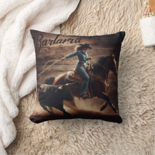 Coussin Rodeo Cowboy Roping Calf au coucher du soleil