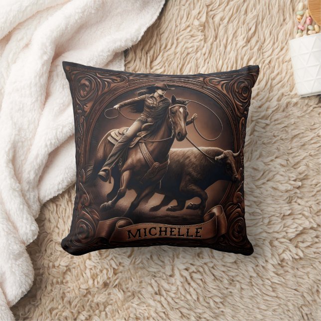 Coussin Rodeo Rider chasse Longhorn au coucher du soleil (Couverture)
