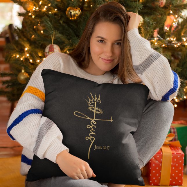 Coussin ROI JESUS Élégant Noir/Or Noël chrétien (Créateur téléchargé)