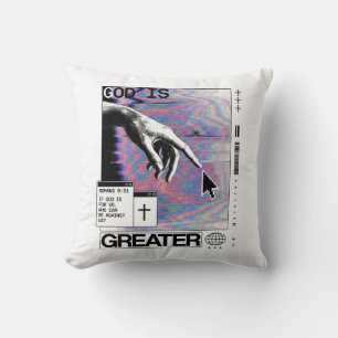 Coussin Romans 8:31 Cyberpunk Main de Dieu Glitch Art