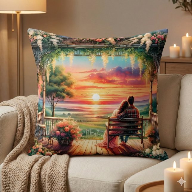 Coussin Romantic Sunset Porch View Illustration (Romantic Sunset Porch View Illustration Throw Pillow Mockup A)