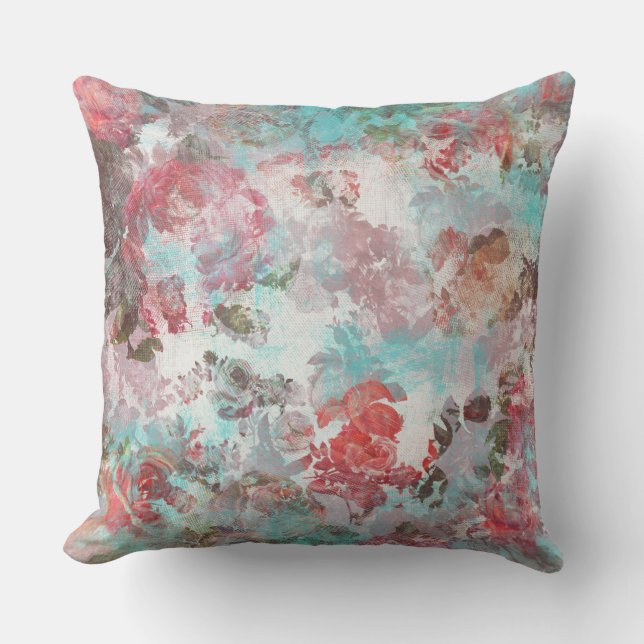 Coussin Romantique Chic rose Floral Turquoise Aquarelle Mo (Recto)