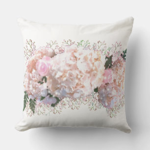 Coussin Romantique dentelle blanche hydrangée roses roses