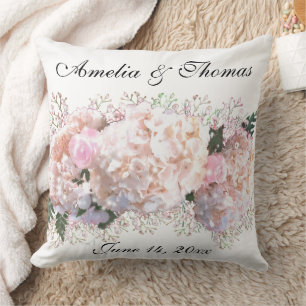 Coussin Romantique dentelle blanche hydrangée roses roses