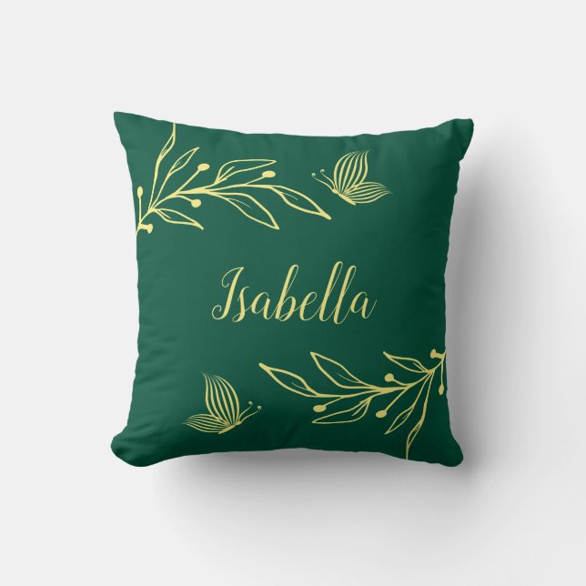 Coussin Romantique élégant fleur d'or vert émeraude (Recto)