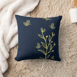 Coussin Romantique élégant fleurs dorées marine