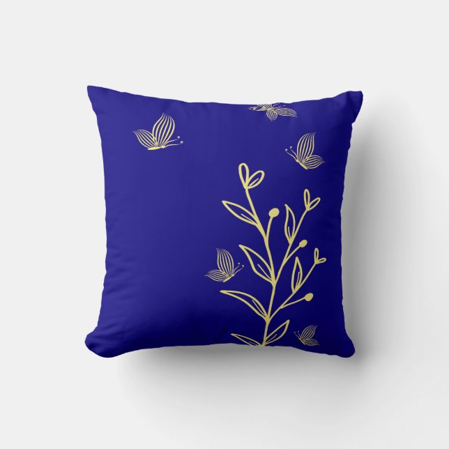 Coussin Romantique élégant or fleur bleu royal (Recto)