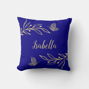 Coussin Romantique élégant or fleur bleu royal