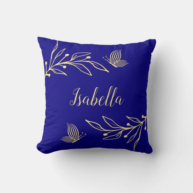 Coussin Romantique élégant or fleur bleu royal (Recto)