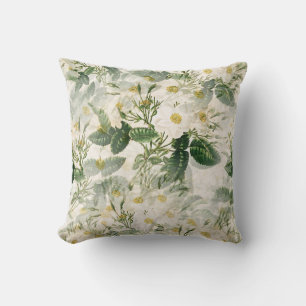 Coussin Romantique Fleurs blanches douces et Feuilles vert