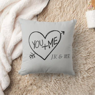 Coussin Romantique Gris Rouge You et moi Coeur monogramme