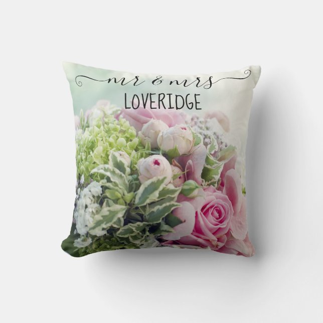 Coussin Romantique M. et Mme Rose Rose Florale Mariage (Recto)