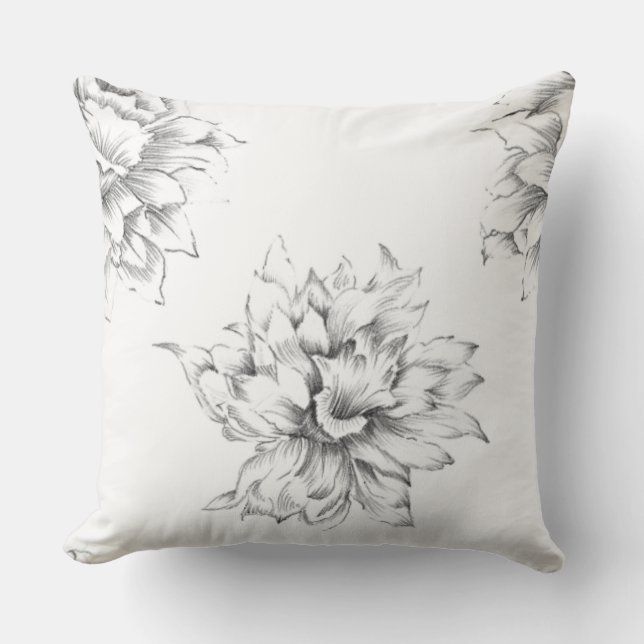 Coussin Romantique moderne dessin à main floral noir blanc (Recto)
