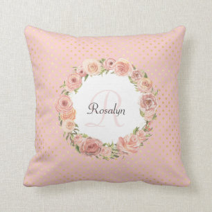 Coussin Romantique or pointillé Rose Floral Nom monogrammé