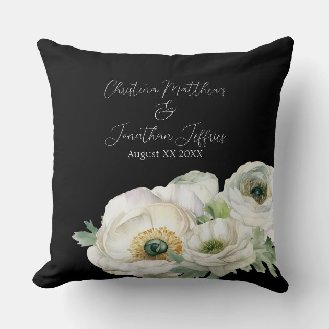 Coussin Romantique Ranunculus Blanc Aquarelle sur Fond Noi (Recto)