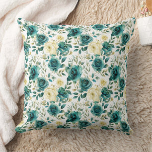 Coussin Romantique Turquoise Green Cream Rose Floral