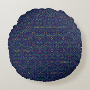 Coussin rond à cartouches géométriques bleu
