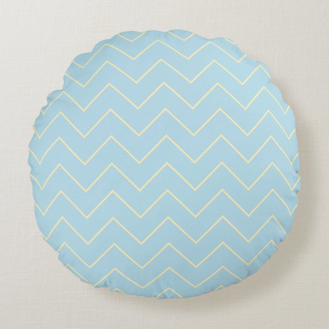 Coussin rond à chevron jaune doux sur fond bleu (Devant)