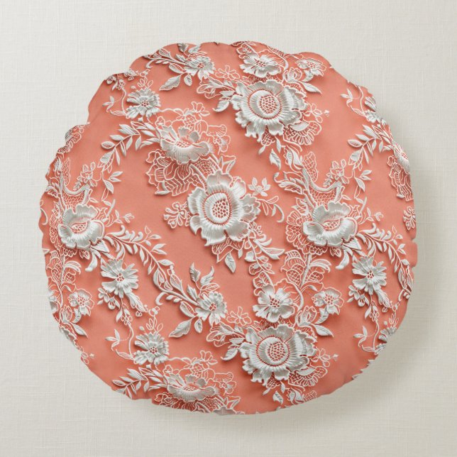 Coussin rond à effet dentelle floral gras Coral (Devant)