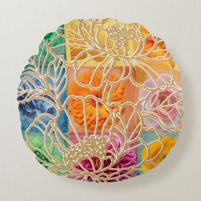  Coussin rond à mosaïque florale dorée  (Devant)