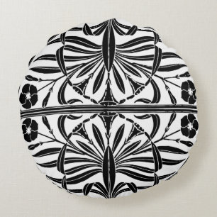 Coussin rond Art Nouveau noir et blanc