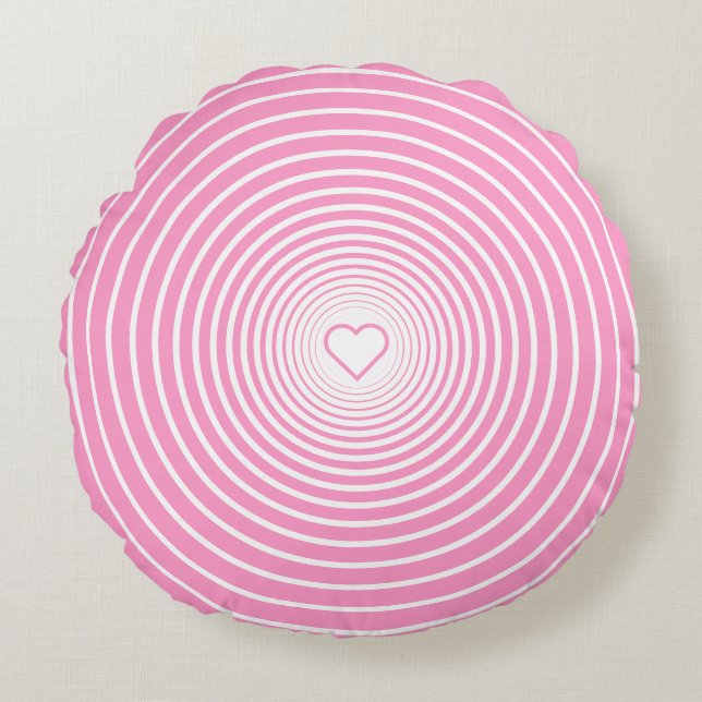 Coussin rond blanc rayé rose avec coeur (Devant)