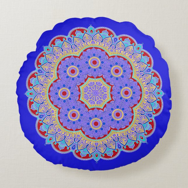 Coussin rond bleu Mandala (Devant)