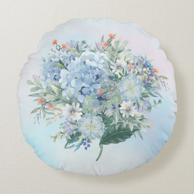 Coussin rond Blue Hydrangea Watercolor (Devant)