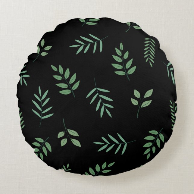 Coussin rond botanique - Feuille en noir (Devant)