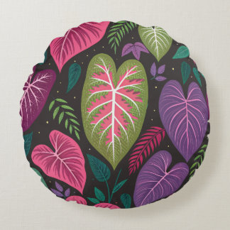Coussin Rond Caladium Tropical – Violet & Vert Bo