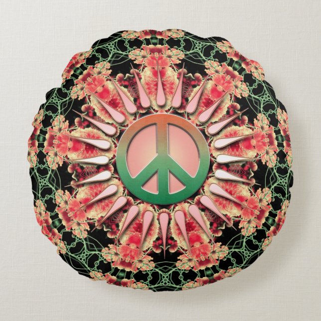 Coussin rond Cercle de Paix Fleur Vert Corail (Devant)