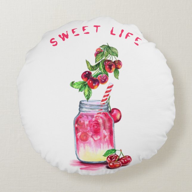 Coussin rond Cherry Drink - Texte personnalisé (Dos)