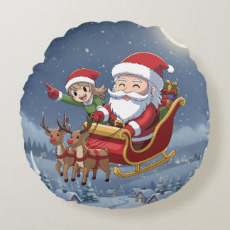 Coussin rond Chibi Santa et elfe de Noël mignon