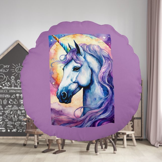 Coussin rond cosmique violet Unicorne (Créateur téléchargé)