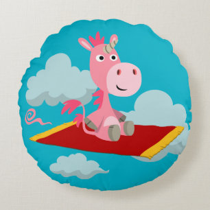 Coussin rond de Cartoon Unicorn's Magic Carpet
