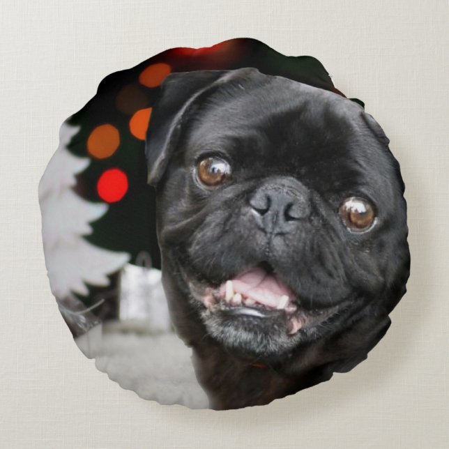 Coussin rond de chiot de carlin de Noël (Dos)