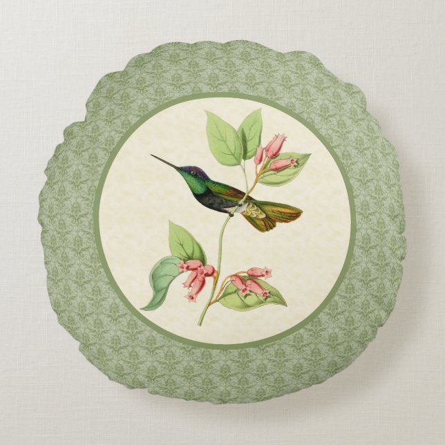 Coussin rond de damassé magnifique de colibri (Devant)