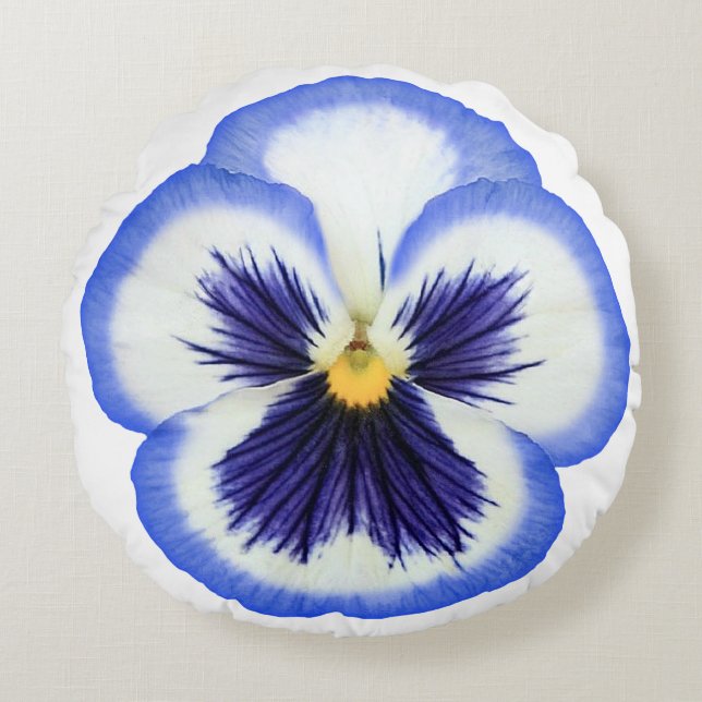 Coussin rond de fleur bleue et blanche de pensée (Devant)