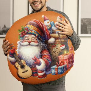 Coussin rond de la clause Hippie Santa