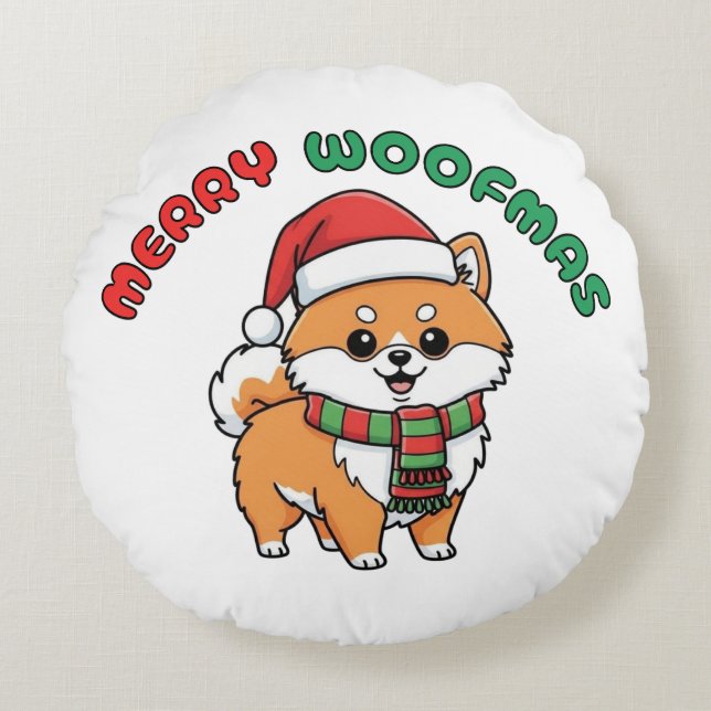 Coussin rond de Noël Poméranie : Joyeux Woofmas (Devant)