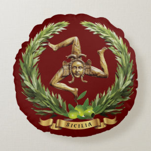 Coussin rond de Sicile avec Trinacria et branche d