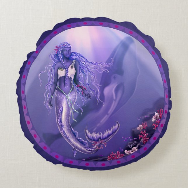 Coussin rond de sirène marine violette (Devant)