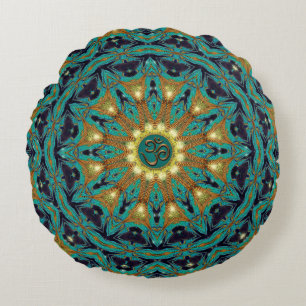 Coussin rond de yoga Mandala bohémien or sarcelle 