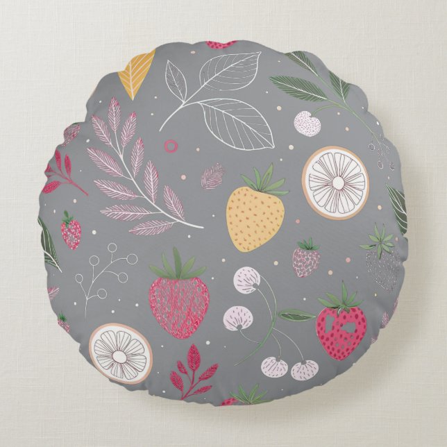 « Coussin rond décoratif à motif floral et fruité  (Devant)