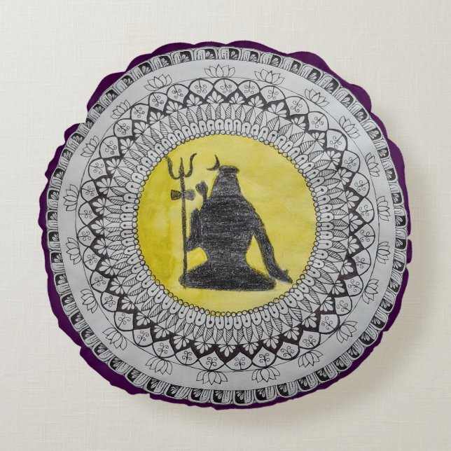 Coussin rond décoratif mandala du Seigneur Shiva (Devant)