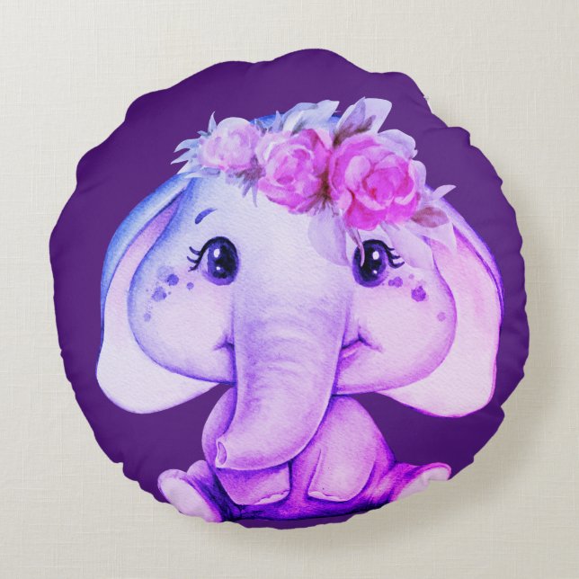 Coussin rond d'éléphant à couronne florale violet (Dos)