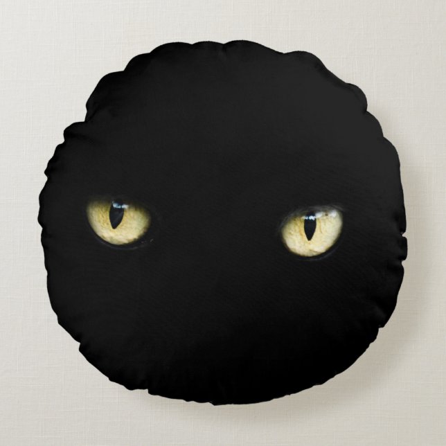 Coussin rond des yeux de chat noir d'Halloween (Devant)