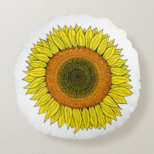 Coussin rond dessiné à la main soleil tournesol ét